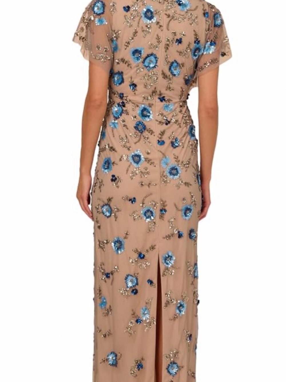 Adrianna Papell Nude Maxi Dress with Blue Floral Sequin Embroidery - Picture 2 of 4